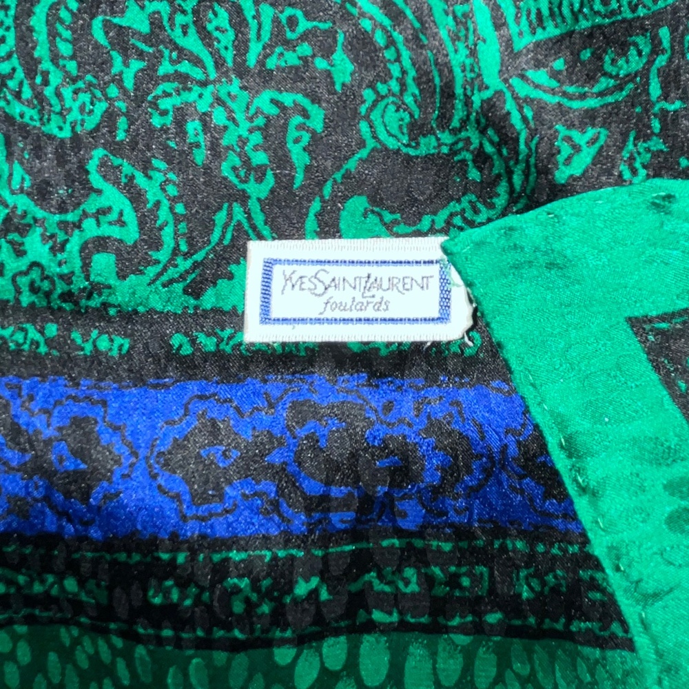 Vintage Yves Saint Laurent Foulards Silk Scarf – Blue & Emerald Green Paisley Pr